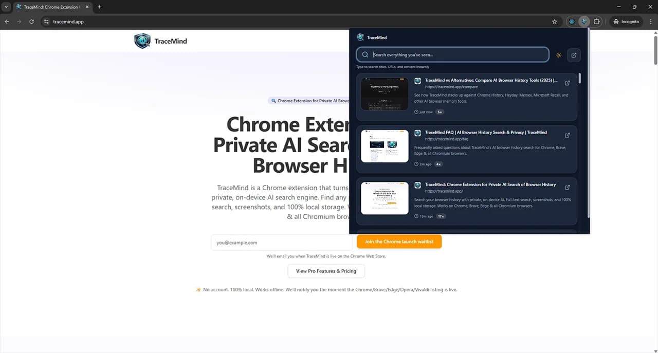 TraceMind main interface showing browser history search