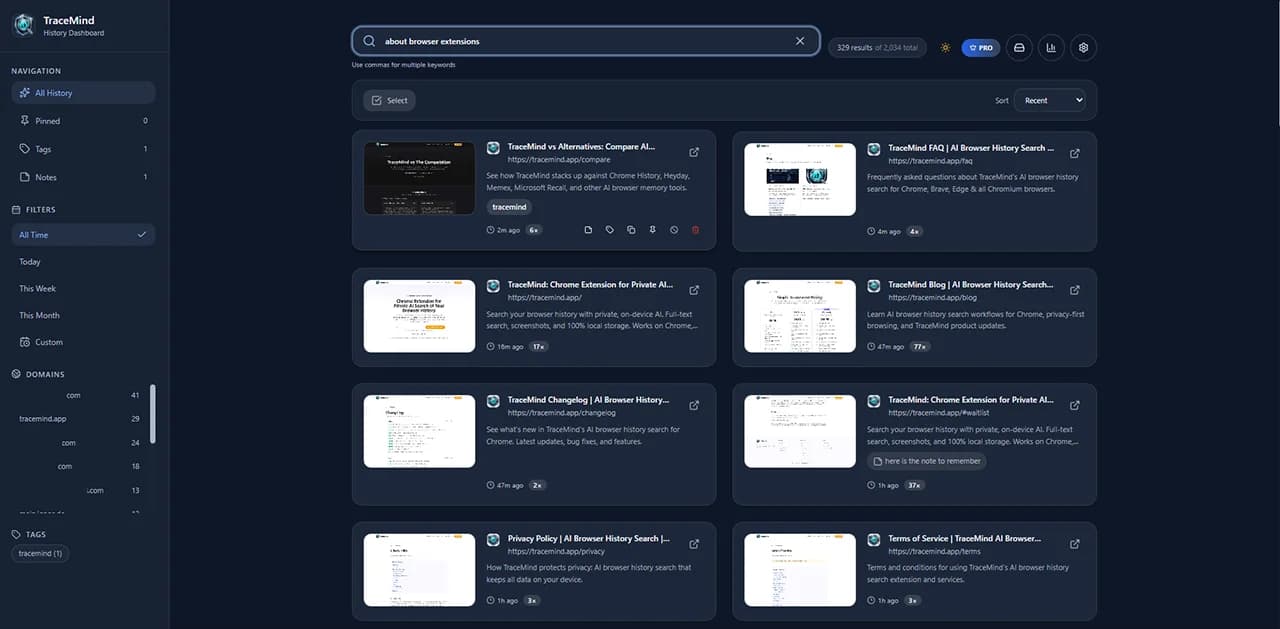 TraceMind search results with content previews