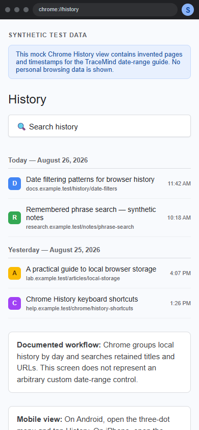 Synthetic Chrome History mobile view showing day-grouped entries